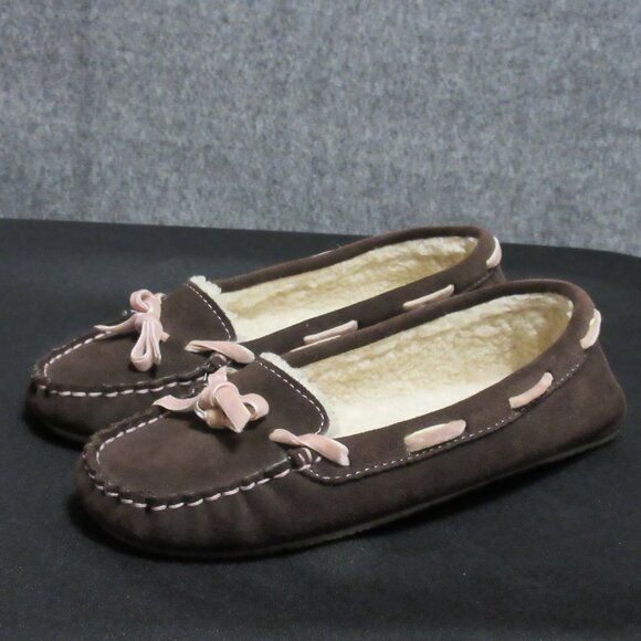 L.L. Bean Suede Leather Shearling Slippers Ribbon Womens 7 - Picture 2 of 10